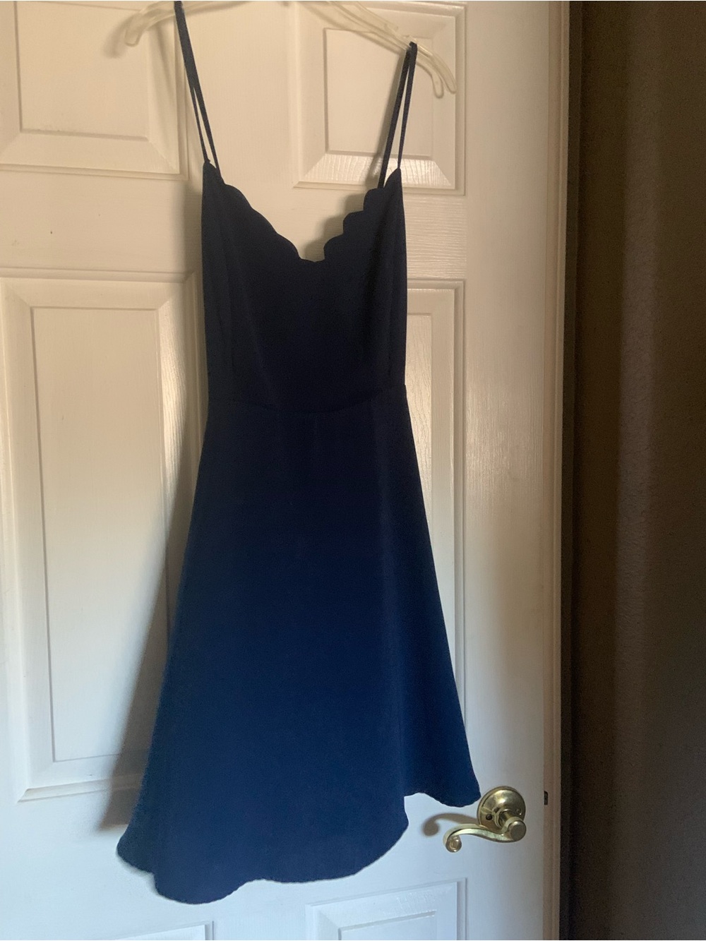 Naked Zebra Navy Scallop-Edge A-Line Spaghetti Strap Dress